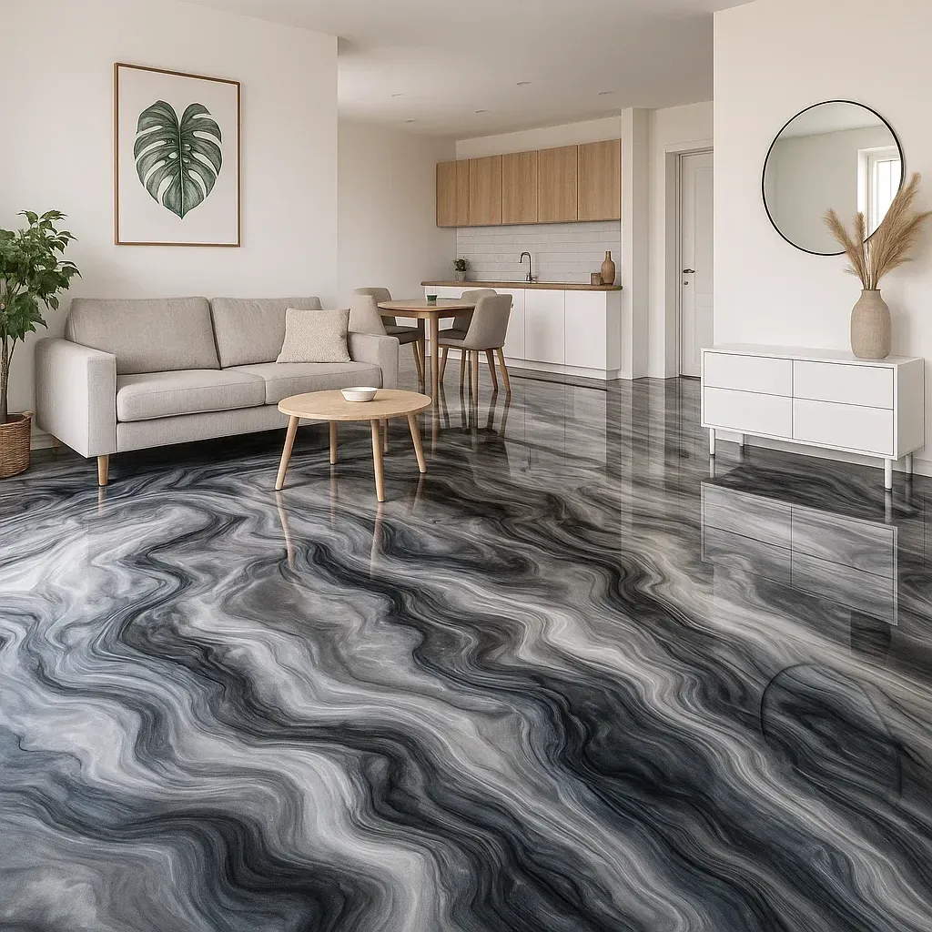 Epoxidharz-Designboden mit marmorierter Oberfläche im Wohnraum